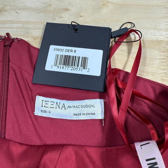 Mac Duggal NWT One Shoulder Tie Puff Sleeve Satin Trumpet Gown Deep Red Size 8 - Picture 5 of 9